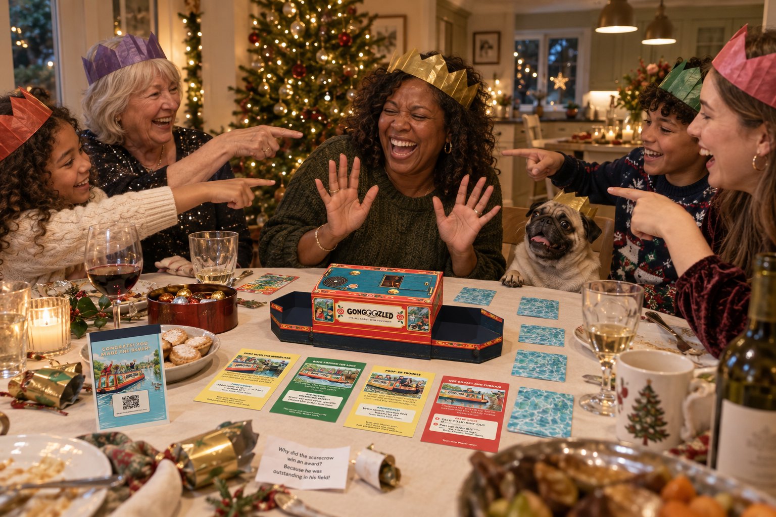 Illustration: a family of three generations in paper crowns round the Christmas dinner table in a bright kitchen, everyone pointing at Mum, who has her hands up laughing; a fawn pug in a crown is up on a chair beside her with a paw on the table, and the Gongoozled box stands open on the table as a little narrowboat.