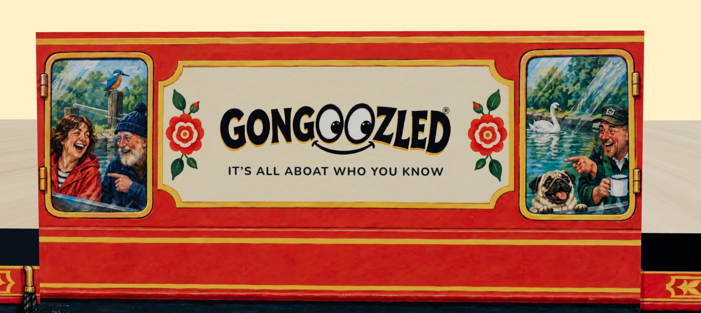 The side of the Gongoozled narrowboat box: the painted name panel reads GONGOOZLED, with googly O's and the line it's all aboat who you know, between two cabin windows with the crew and a pug looking out.